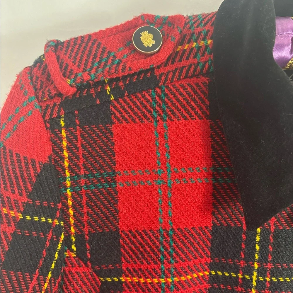 VTG Red+Black Plaid Bomber Jacket Faux‎ Suede Collar Gold+Black Epaulet Size S/M